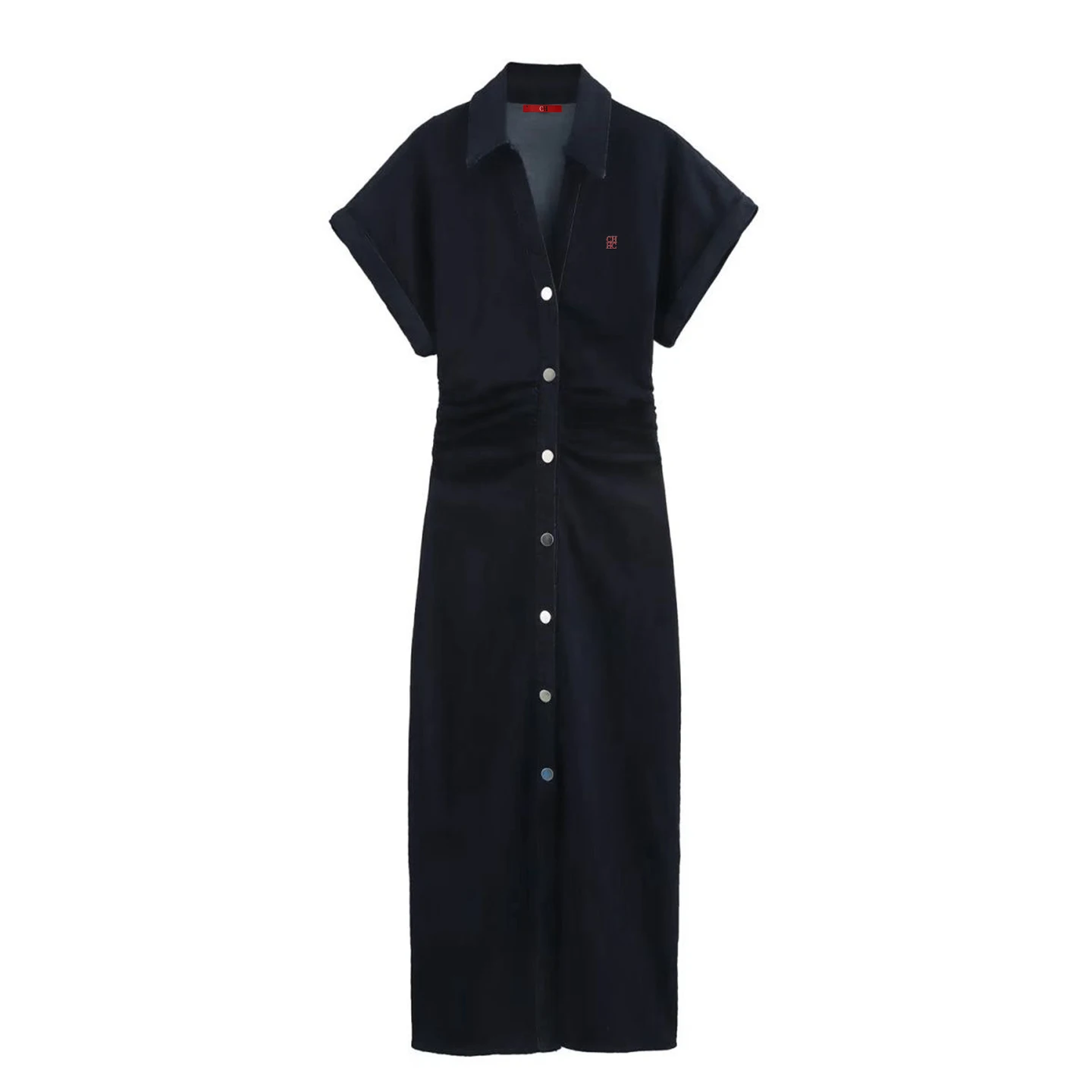 Vestido Midi de Mezclilla de Color Sólido con Letras CH Bordadas, Manga Corta, Cuello Solapa, Cintura Fruncida, Estilo Casual Elegante para Oficina
