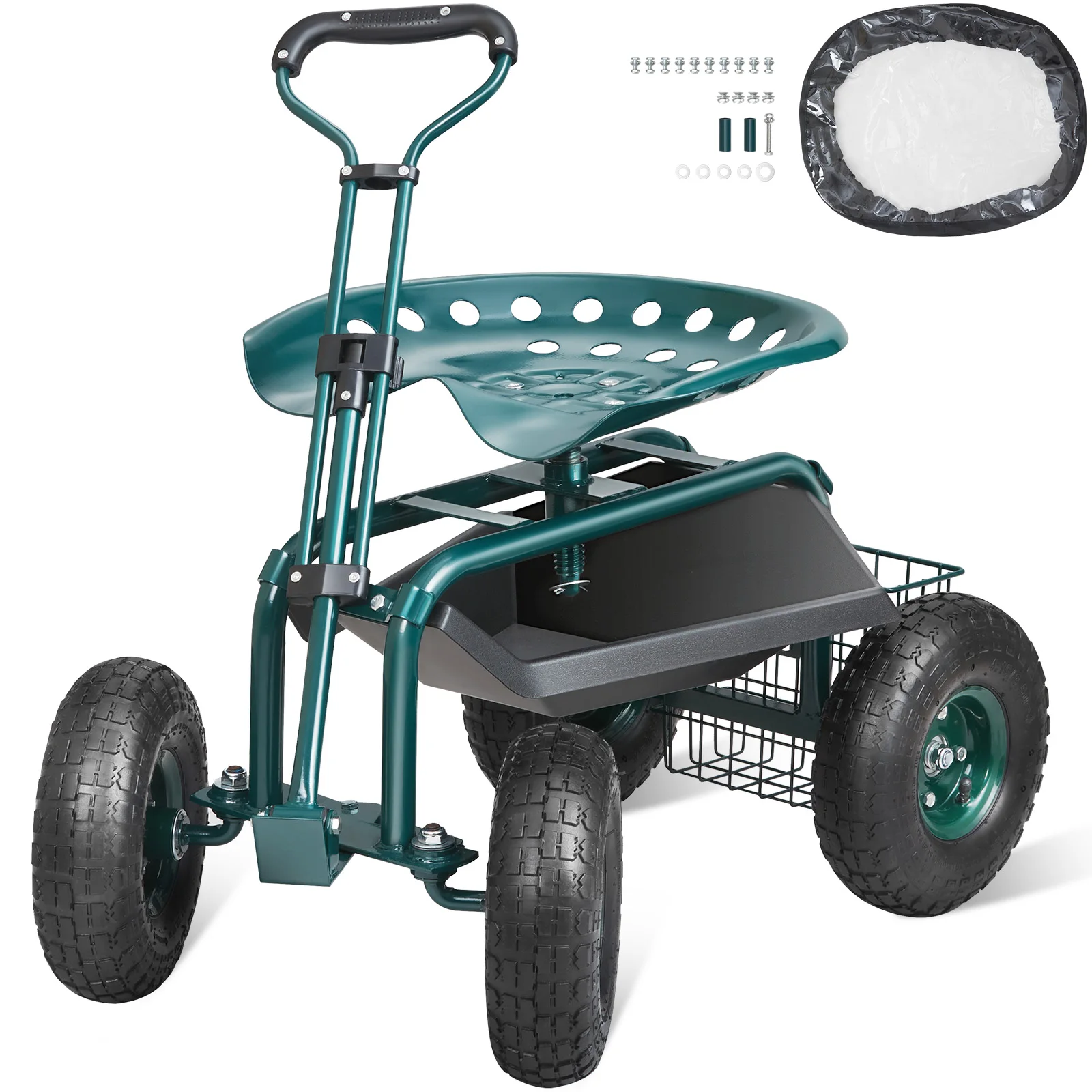 SucceBuy Carro de jardín Asiento de trabajo con ruedas Taburete de jardinería para plantar Asiento giratorio de 360 grados Carro Scooter con dirección