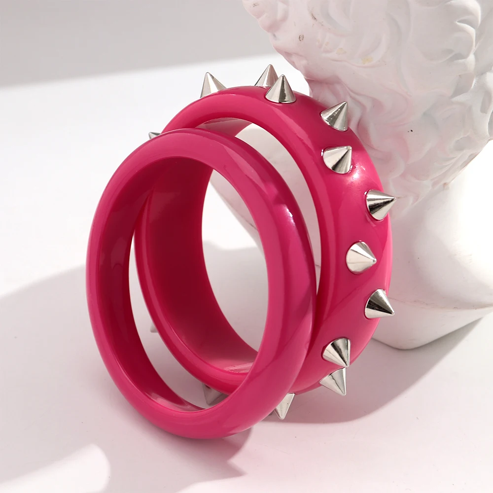 Pulseras de Aro Redondas con Remaches Acrílicos Rosas de Moda para Mujer, Brazaletes Geométricos Gruesos Novedosos, Joyería Y2K, Regalos y Accesorios