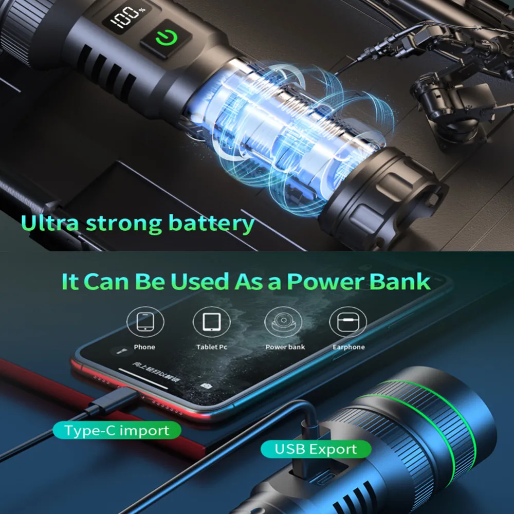 Foco brillante, linterna LED de largo alcance, carga tipo C, lámpara de luz fuerte, linterna táctica con Zoom impermeable para exteriores