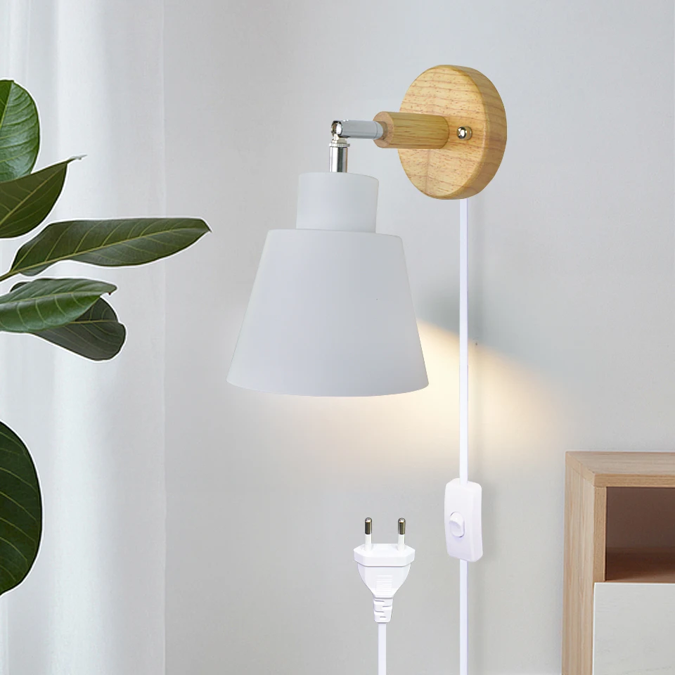 Lámpara de Pared Nórdica para Interiores, DIY, E27, de Madera, 6 Colores, Enchufe EU/UL, 350 °   Lámparas de pared para sala de estar, dormitorio, pasillo, accesorios decorativos