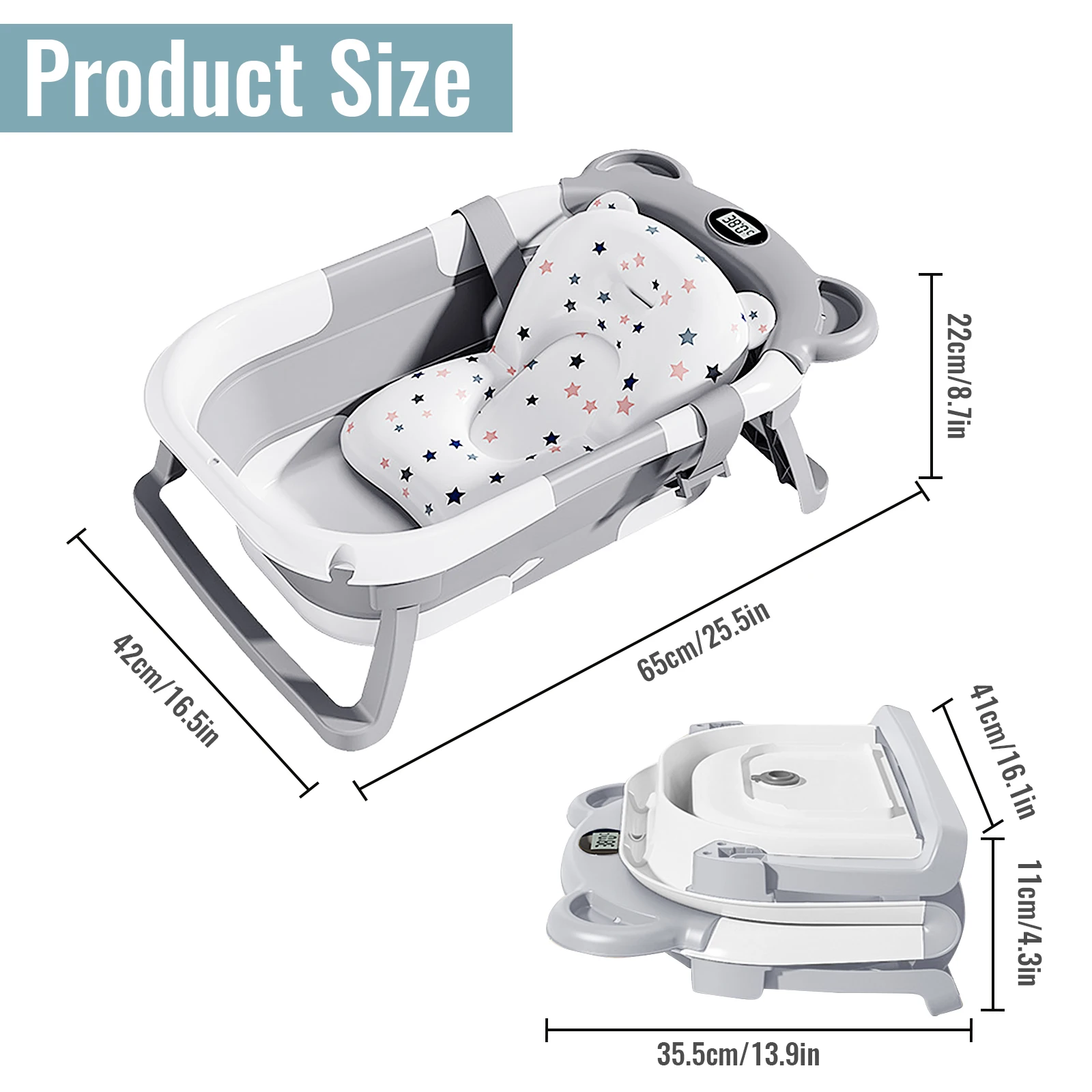Bañera Plegable para Bebé, Bañera Grande para Bebés con Termómetro y Tapete Antideslizante para Recién Nacidos y Niños Pequeños, Artículos Esenciales para un Baño Seguro, Gris/Rosa