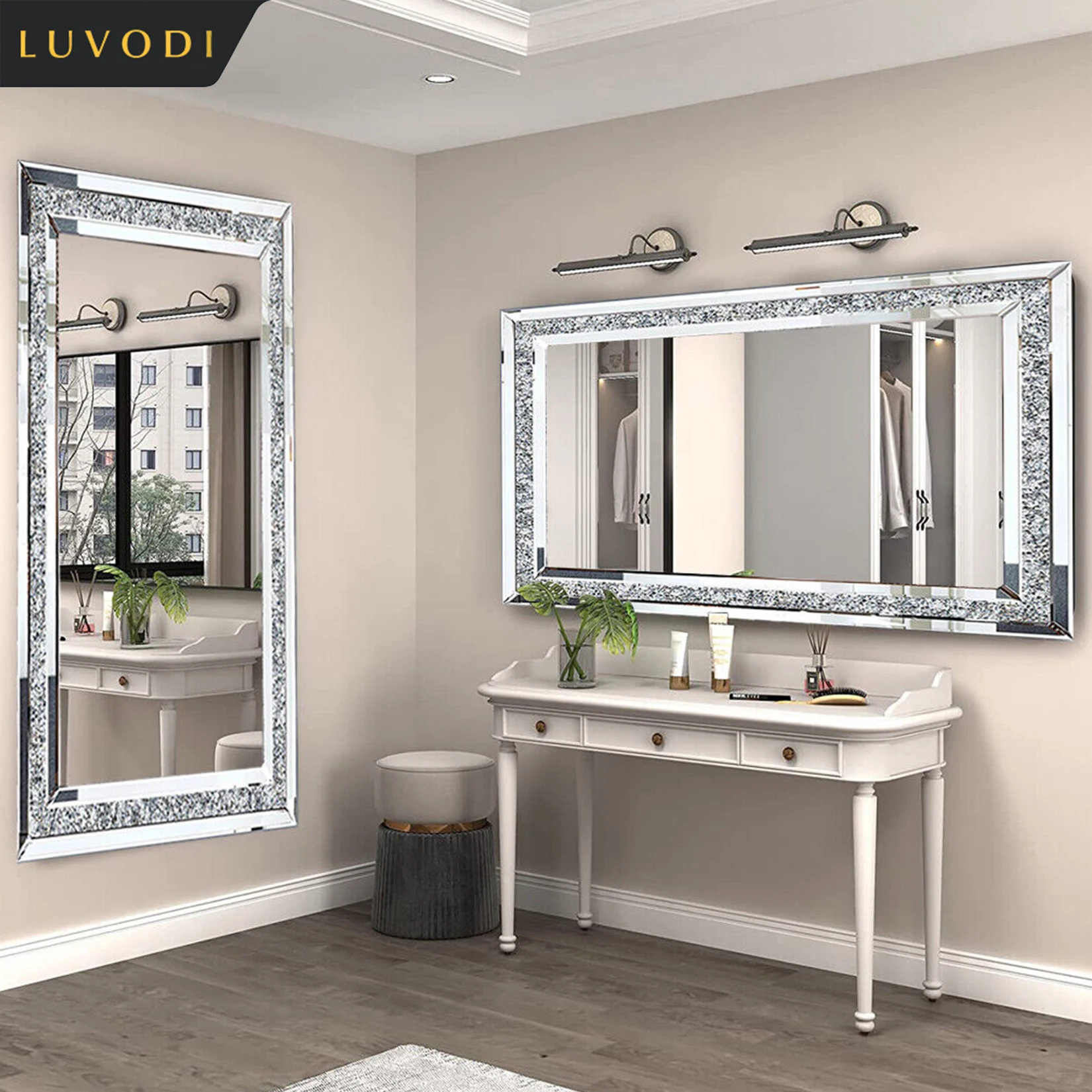 LUVODI Espejos de tocador sin marco con diamantes de imitación de cristal brillante plateado grande Espejo de tocador montado en la pared para el hogar/Hotel