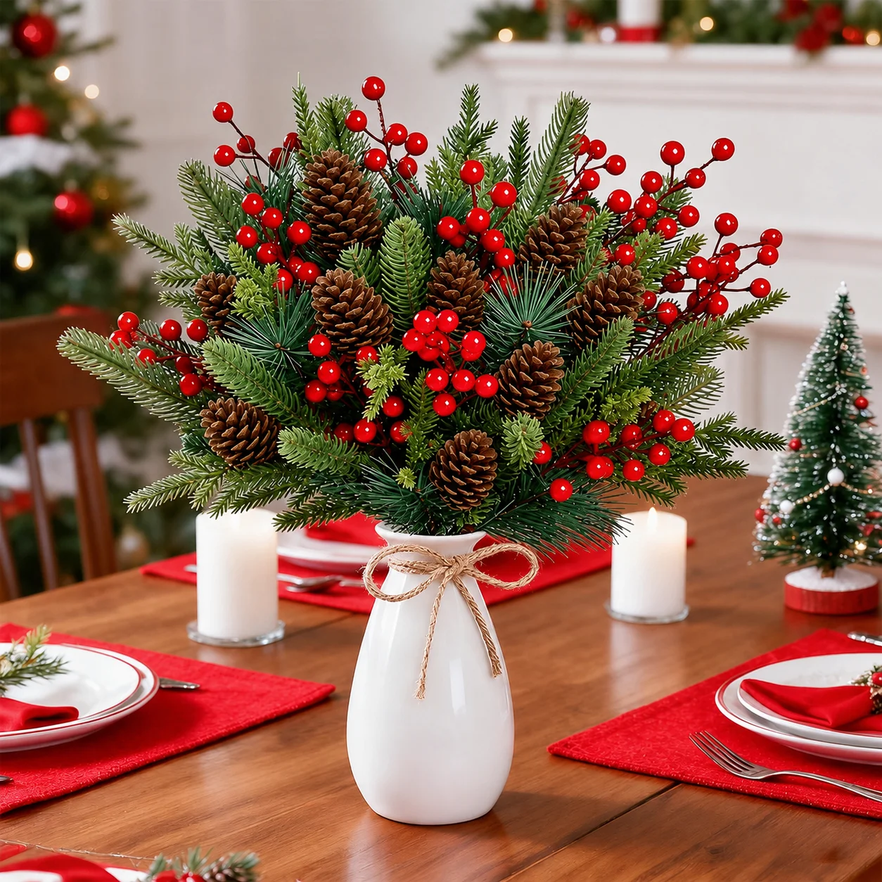50 Piezas de Ramas de Pino Artificiales Navideñas, Tallos de Bayas Rojas, Piñas y Agujas de Pino para Manualidades, Guirnaldas, Coronas y Decoración Navideña del Hogar