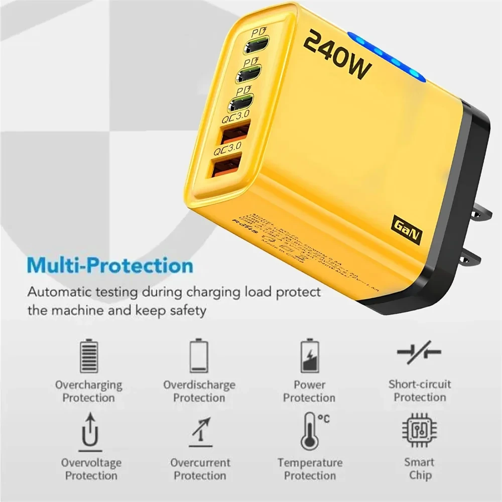 Cargador USB C GaN de 240W, 5 en 1, adaptador de corriente de carga rápida para iPhone, Samsung, Xiaomi, tipo C, enchufe europeo/estadounidense, cargador de pared