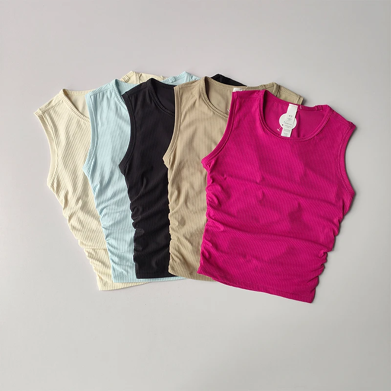 Verano desnudo Yoga Racerback mujer pliegue Slim Fit deportes correr y Fitness prendas de vestir Top corto sujetadores chaleco camisa ropa de secado rápido
