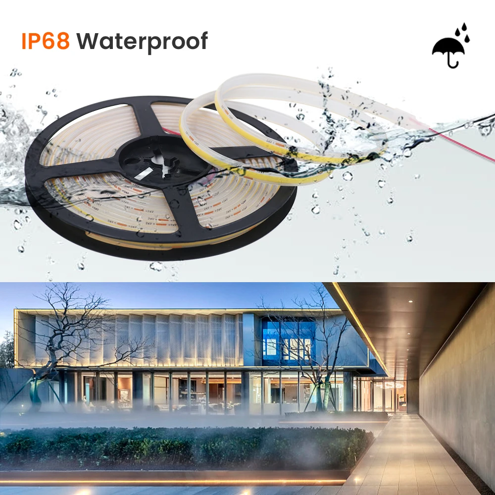 Tira de luces LED COB impermeable IP68 de 12V 24V 5m 10m 15m 20m 0,5m cinta Flexible IP30 320 LEDs iluminación de revestimiento brillante de alta densidad