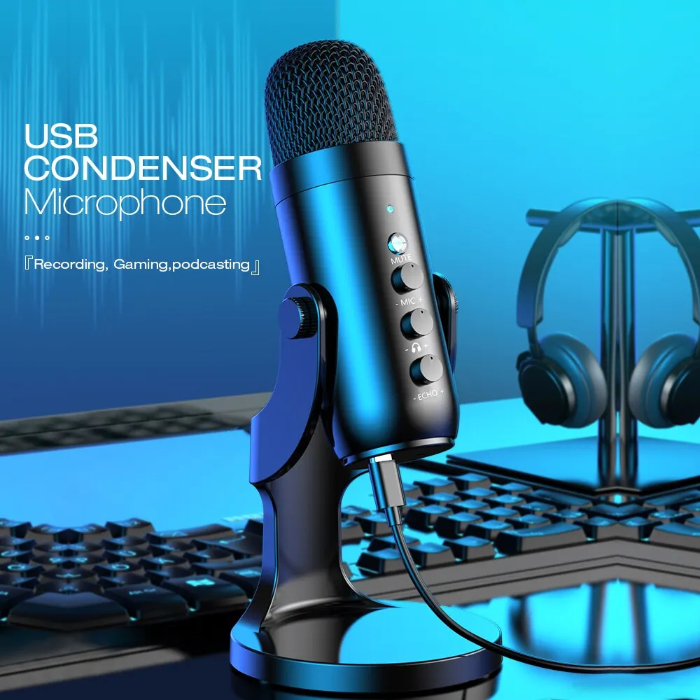 Haomuren Micrófono USB para PC Mac Grabación de juegos Streaming Podcast, Micrófono de condensador de computadora con adaptador de teléfono Salida de auriculares