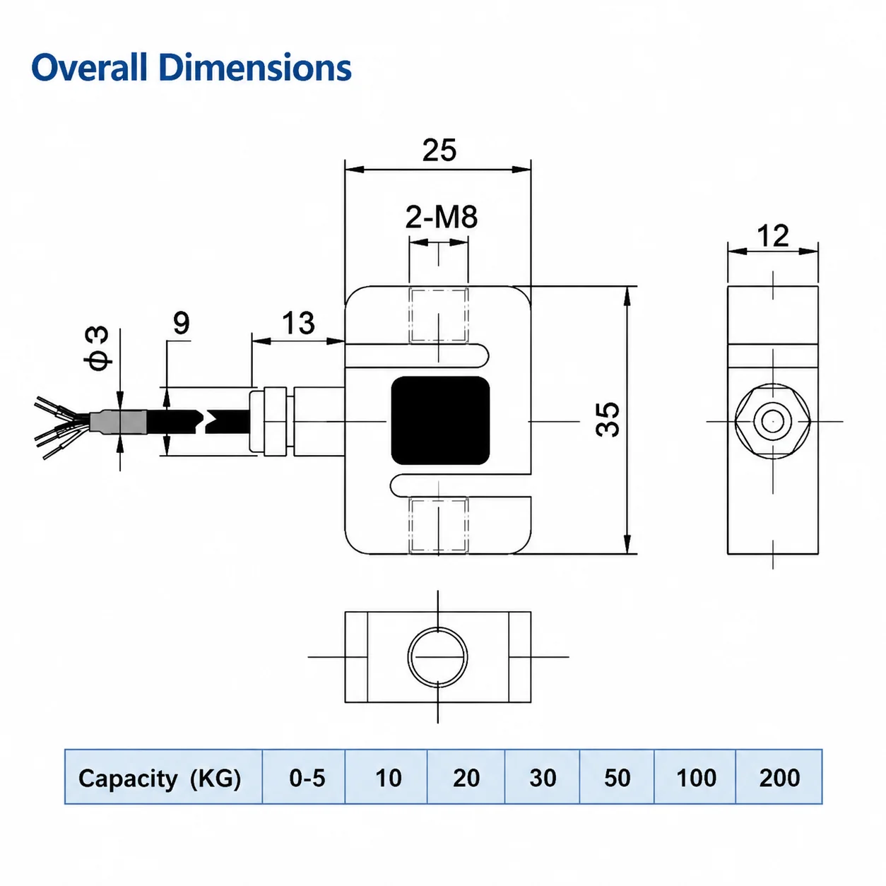 Sensor de Celda de Carga Tipo S en Miniatura de 30 kg, 100 kg, 200 kg, Transductor de Fuerza Bidireccional de Tensión y Compresión, Grado Profesional