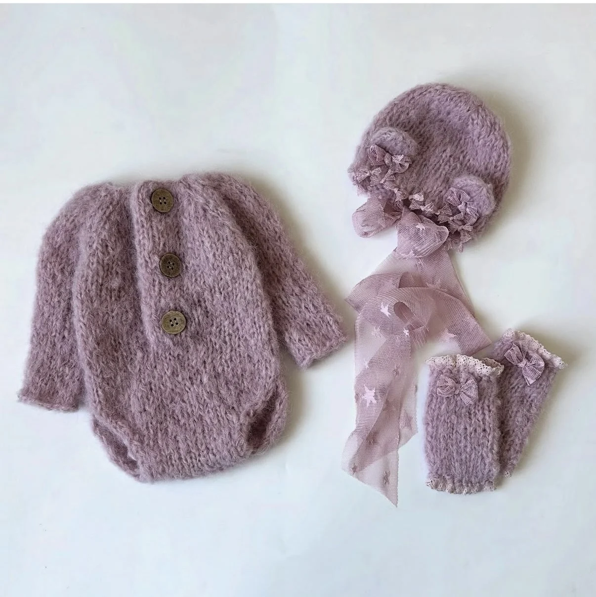 Conjunto de gorro, guantes y pelele de punto para bebé recién nacida, color verde menta, con lazo de encaje, accesorio de fotografía de princesa, ropa cálida de invierno para bebé.