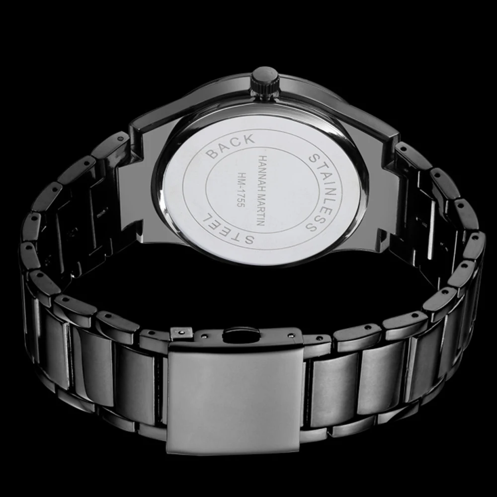 Hannah Martin Reloj de acero inoxidable para hombre Estilo de negocios de moda Estilo minimalista negro Relojes con movimiento de cuarzo resistente al agua 3Bar