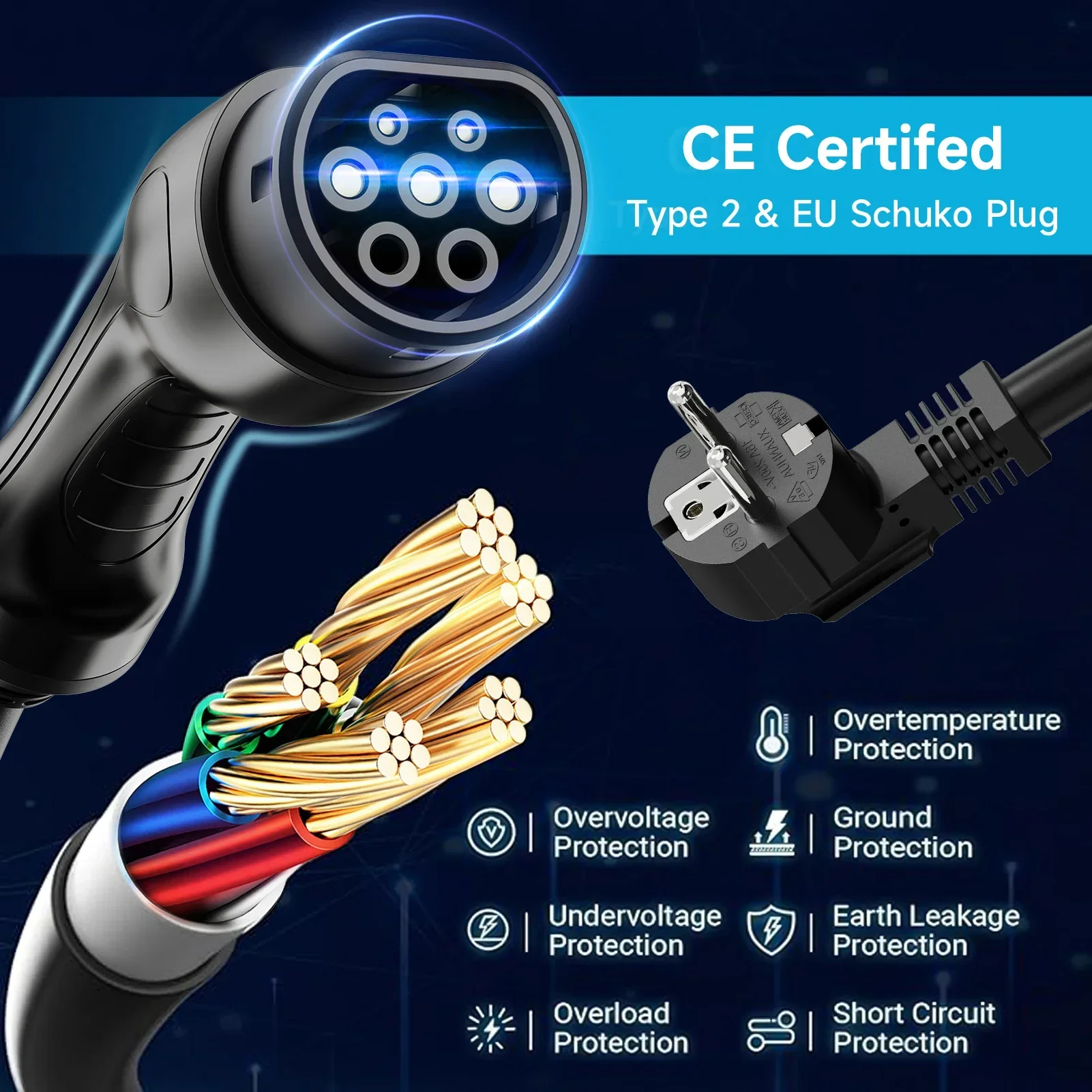 Cargador de coche eléctrico portátil EVSE de 3.5KW 16A Tipo 2, monofásico, con cable de carga para pared, control por WiFi y Bluetooth para uso doméstico.