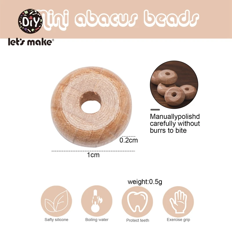 Let's Make-Cuentas de Ábaco de haya para bebé, collar de cuentas de madera de 10mm, mordedor de grado alimenticio DIY, accesorios de cadena de madera para pezones, 50 piezas