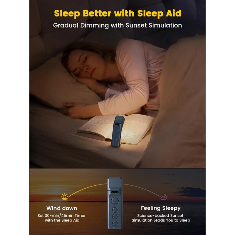 Lámpara recargable por USB, luz de libro estilo marcapáginas con ayuda para dormir y temporizador, luz de libro especializada de 5 brillos y 3 colores