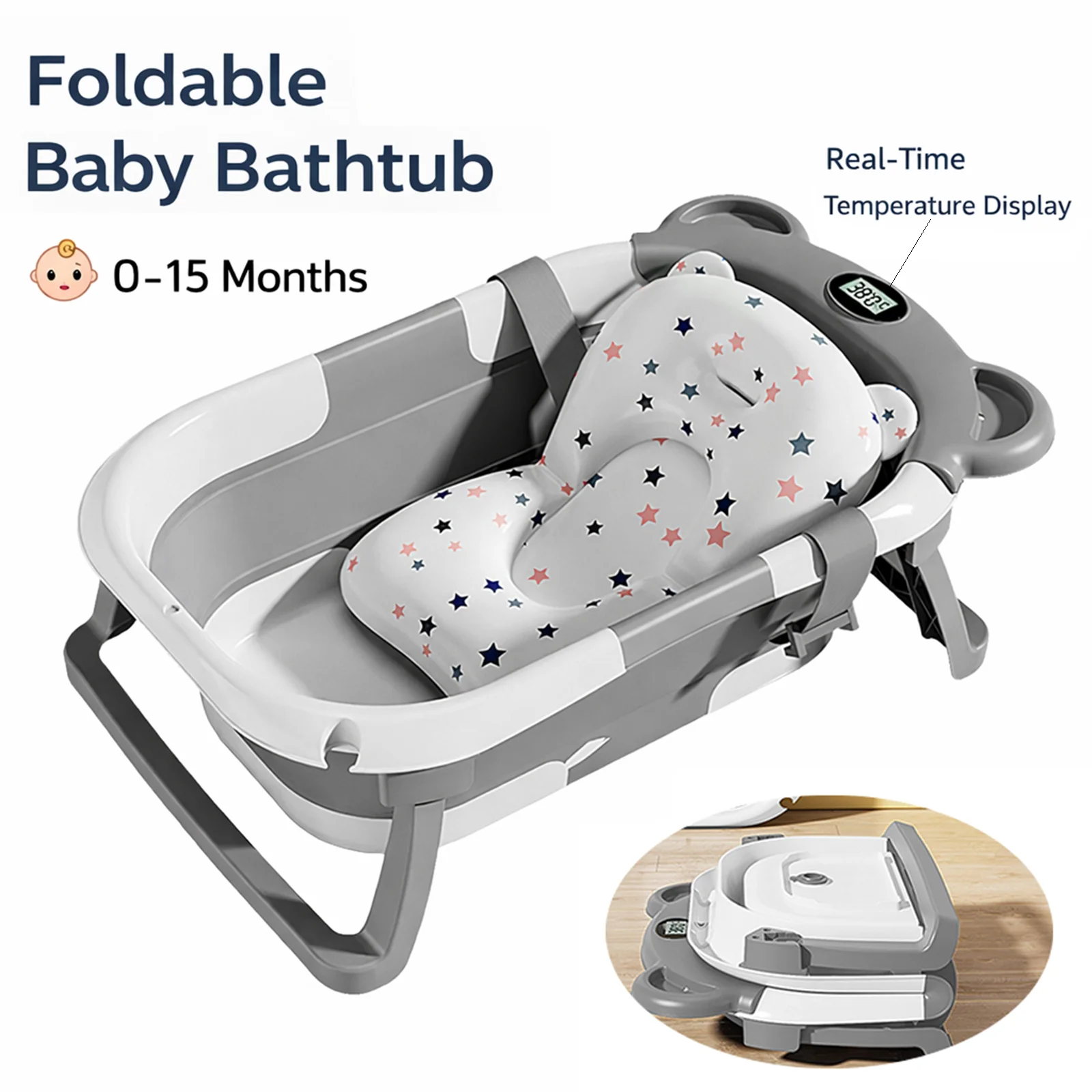 Bañera Plegable para Bebés con Termómetro, Alfombrilla Antideslizante, Cojín de Soporte, Bañera Portátil para Recién Nacidos de 0 a 15 Meses, Piscina de Baño para Viajes