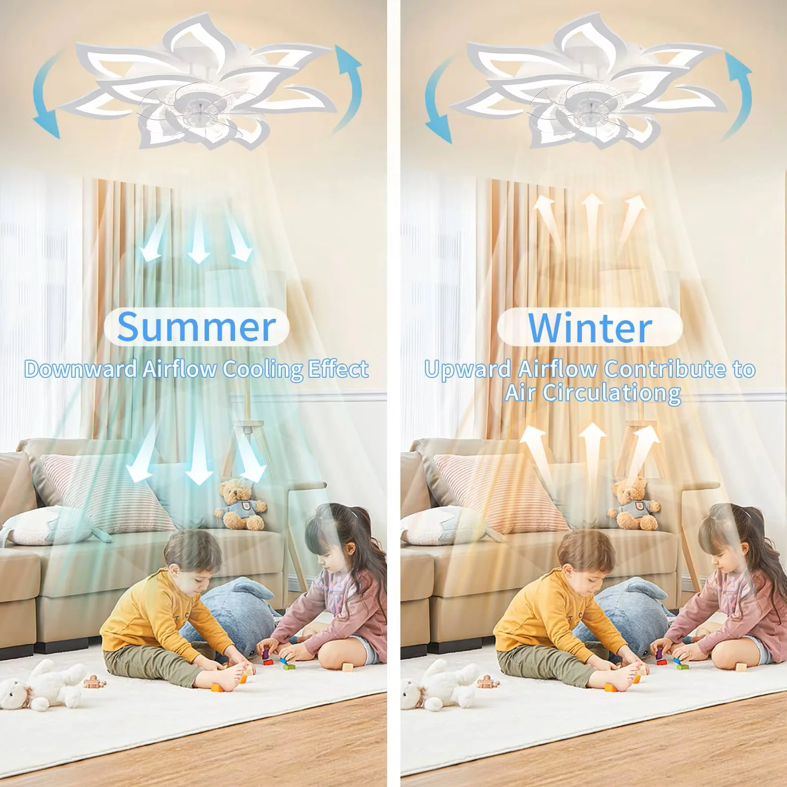 Ventilador de Techo con Iluminación, Ventilador Moderno sin Aspas con Forma de Flor, Regulable, Control Remoto/App, Temporizador, 6 Velocidades, Lámpara de Techo