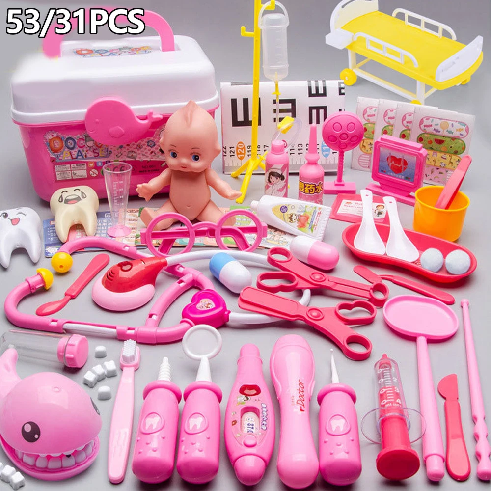 Juguetes de médico para niños, 53/31 Uds., juego de simulación de médico, herramientas de dentista, estetoscopio, juguete educativo, regalo para niño y niña