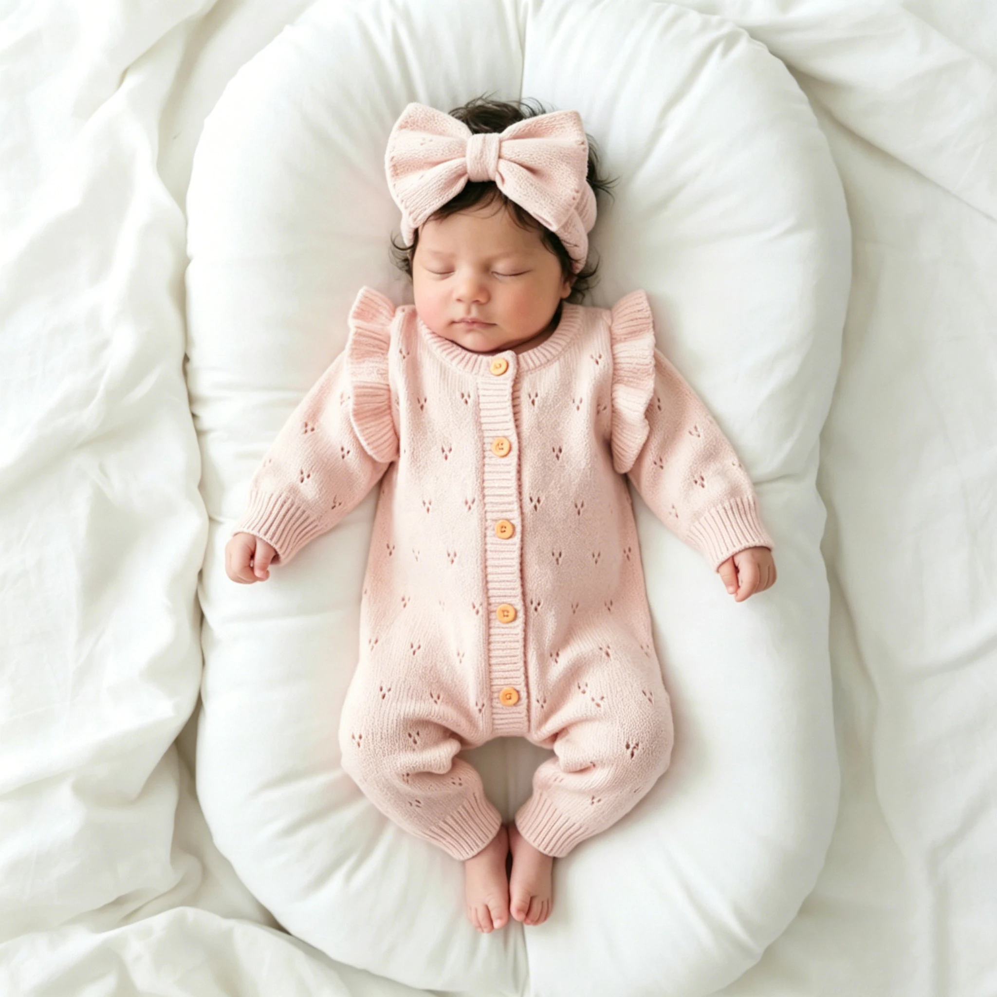 Ylsteee Conjunto de pelele de punto para bebé recién nacida con diadema de lazo, mono de punto con volantes y corazones para fotografía y uso diario de 0 a 3 meses