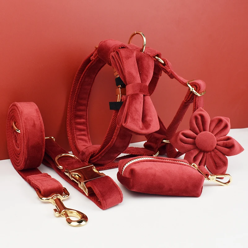 Collar y correa de terciopelo rojo cereza para perros, placa de identificación grabada personalizada, suministros para mascotas, correa para perros, 42