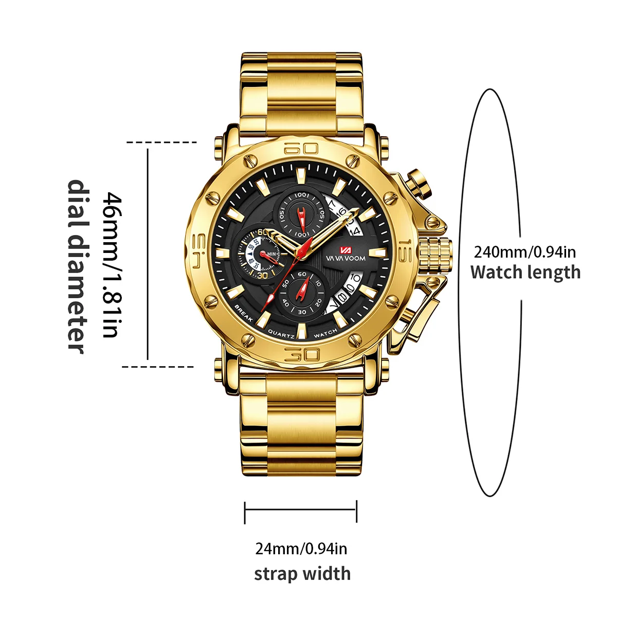 Reloj cronógrafo VA VA VOOM para hombre, calendario luminoso, resistente al agua, reloj de lujo para hombre, relojes de cuarzo de acero inoxidable para hombre, Reloj