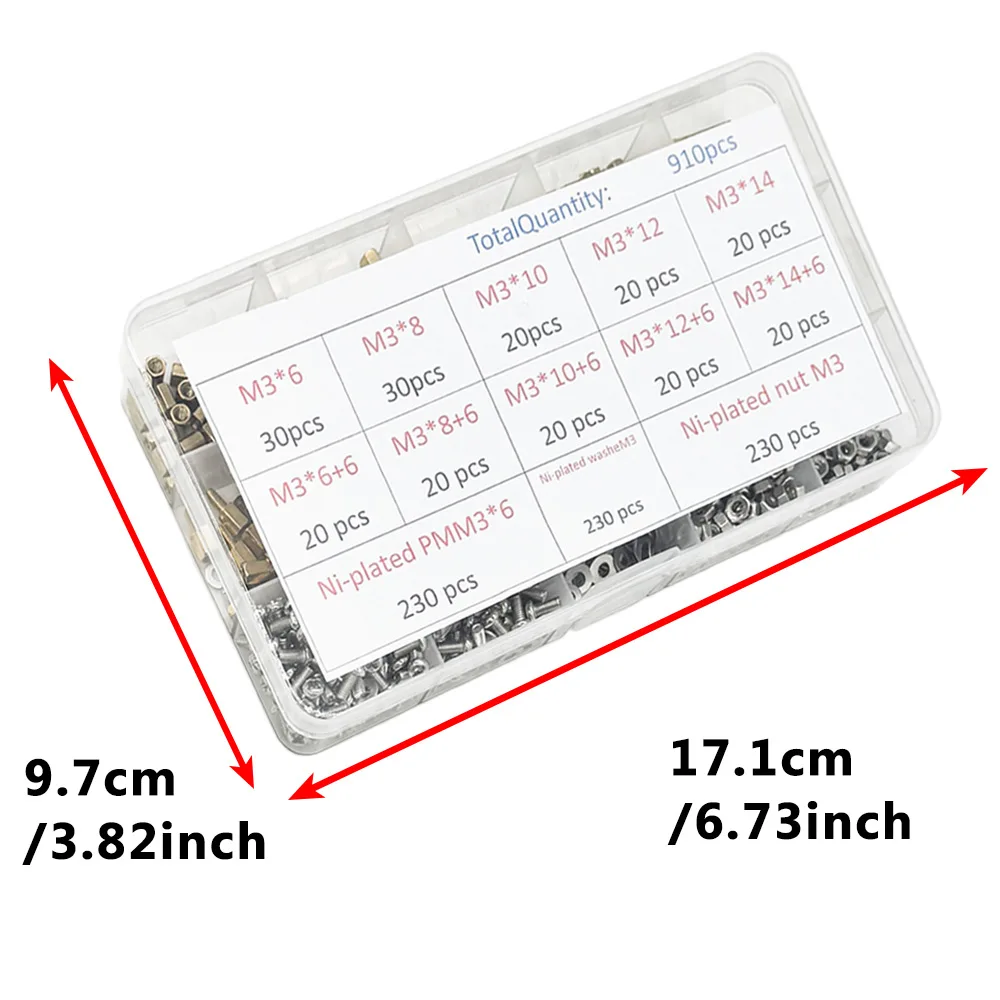 1 Juego de 910 Uds. Kit espaciador de latón 230 Uds PMM3 + 230 Uds NutM3 + WasheM3 tornillos espaciadores de latón de cabeza hexagonal rosca M3 Pilar PCB