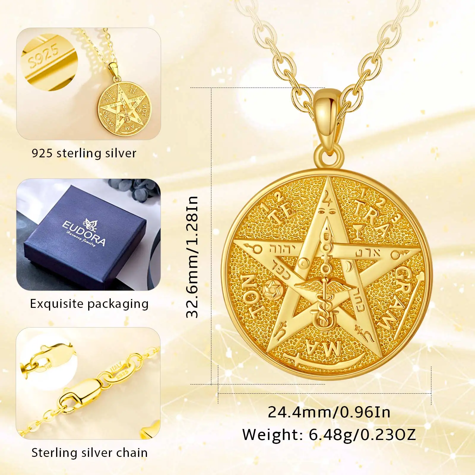 Eudora-collares de plata de ley 925 con runas de pentagrama para mujer y hombre, amuleto de oro de 18 quilates, colgante de tetragrammaton de estrella guardián, regalo