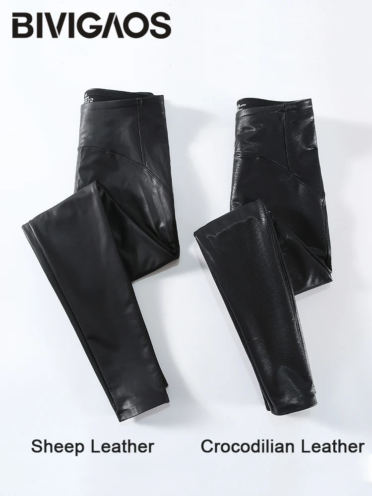 BIVIGAOS, pantalones de cuero PU mate de lana para primavera y otoño para mujer, mallas ajustadas elásticas, mallas ajustadas a prueba de viento, Legging Sexy cálido