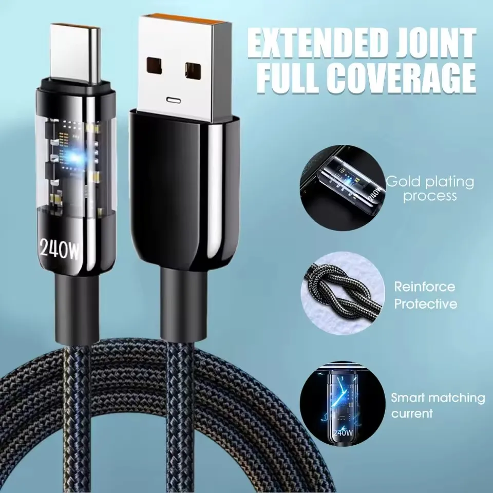 Cable de carga súper rápido Dual TypeC de 240W, pantalla Digital LED para Samsung, Xiaomi, USB a tipo C, Cable de datos para cargador de teléfono, 2M/1,5 M