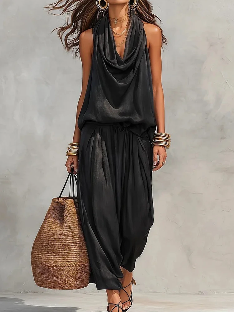 Conjunto de Dos Piezas para Mujer, Verano, Sin Mangas, Cuello Alto, Pantalones Largos, Estilo Casual, Elegante, para Vacaciones