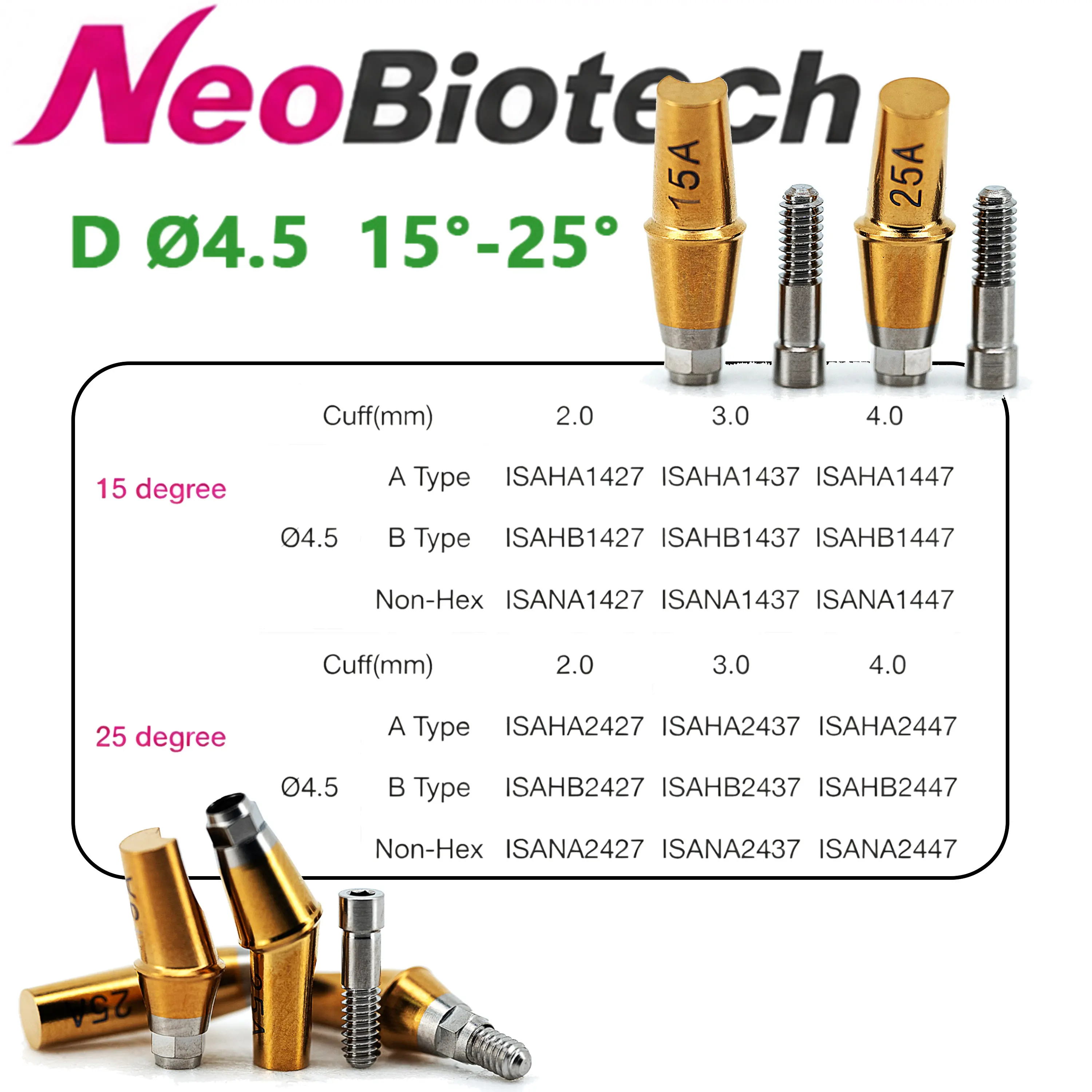 Kit de implantes dentales NeoBiotech compatible con múltiples unidades, de titanio, rectos y angulares, con tapón de protección y tornillo para tórtula de cicatrización