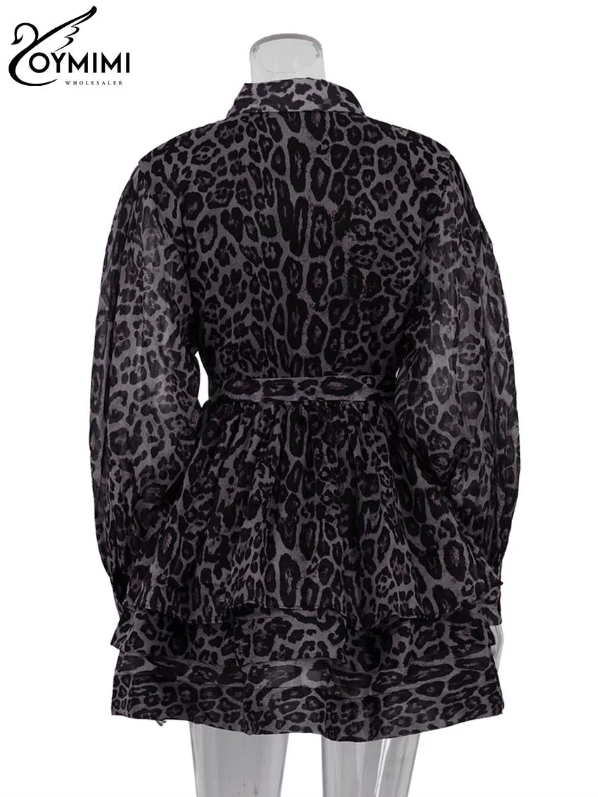 Oymimi moda marrón estampado de leopardo vestido de mujer elegante manga larga Buton vestidos con cordones Casual volantes en cascada Mini vestidos