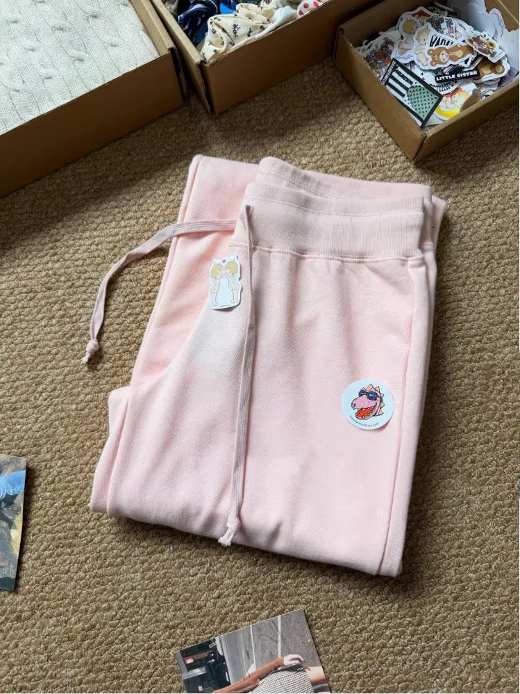 Nuevos pantalones deportivos de algodón rosa claro con cordón para mujer, de cintura baja, corte recto, largos, casuales y versátiles, con dobladillo sin rematar, ideales para primavera.