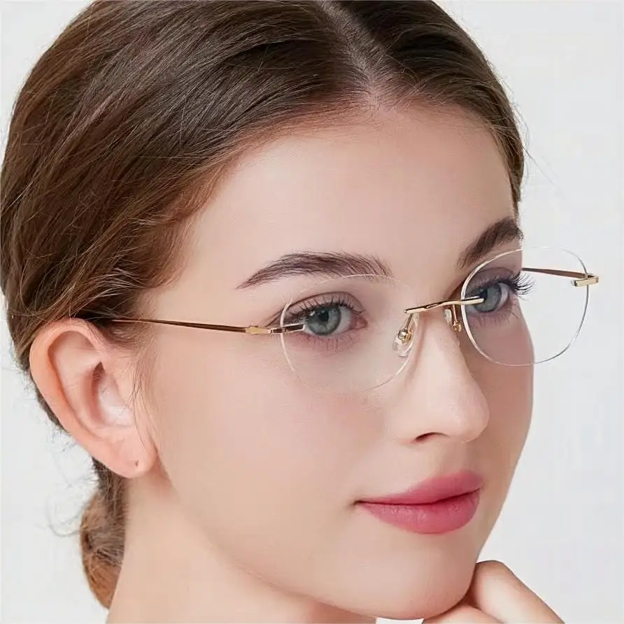 1,61 lentes de mujer, gafas de titanio sin montura con diseño ovalado, gafas doradas graduadas para miopía, 6g, antiluz azul transparente CR39