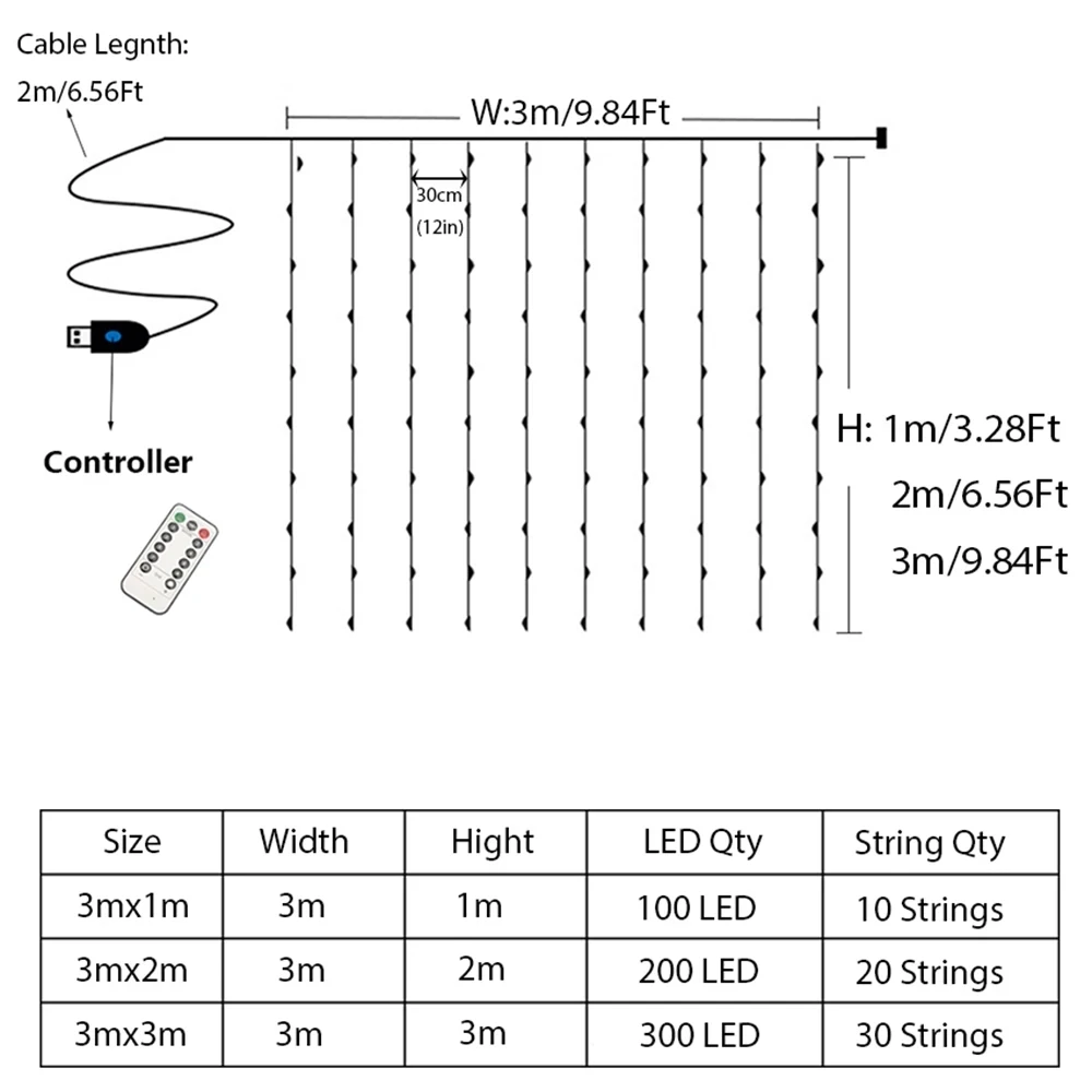 Guirnalda de luces LED con batería de 3M x 1M/2M/3M, guirnalda de luces USB para decoración de cortinas para el hogar, fiesta de boda, Navidad