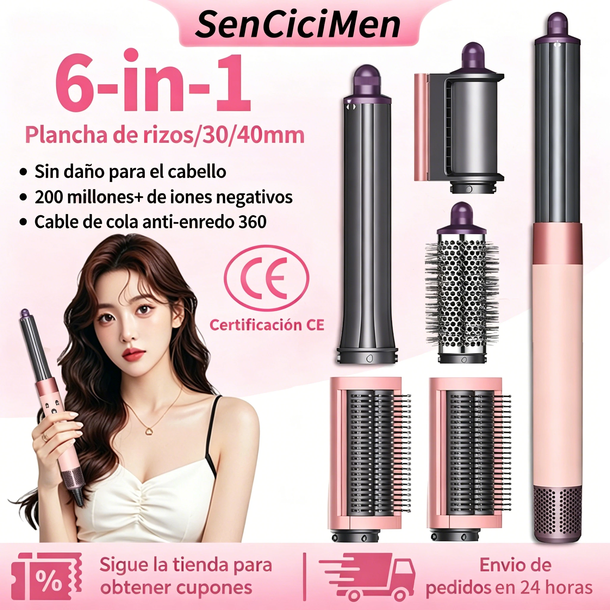 Sencicimen 6 en 1, Estilizador de Cabello Multifuncional Profesional Airwrap ™   Rizador de pelo con iones negativos, herramientas para rizar el cabello, envío local, no daña el cabello