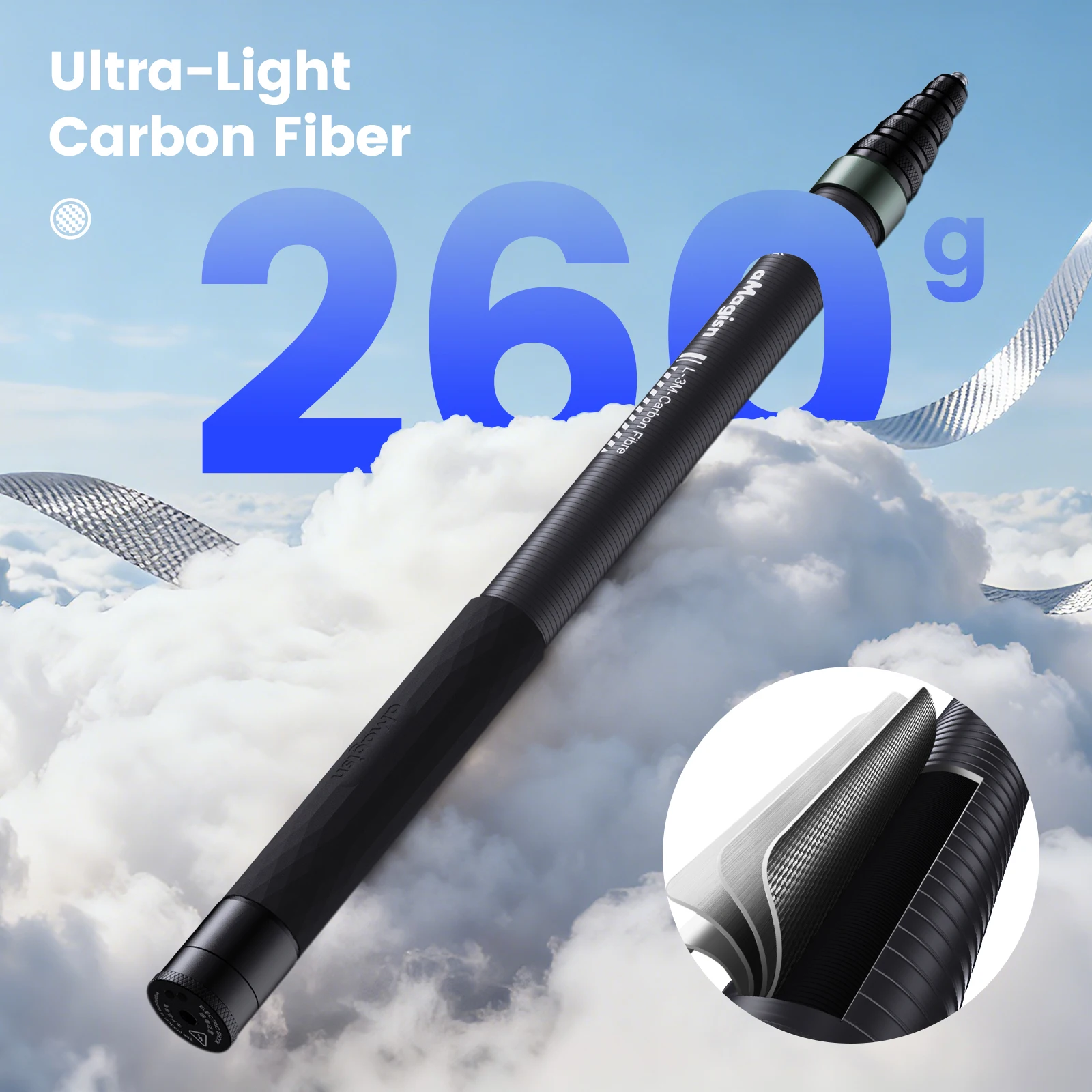 aMagisn Palo Selfie Invisible de 3m, Monopod Extensible de Fibra de Carbono de 118" para Accesorios Gopro Max DJI 360 Insta360 X4 Air X5 X6