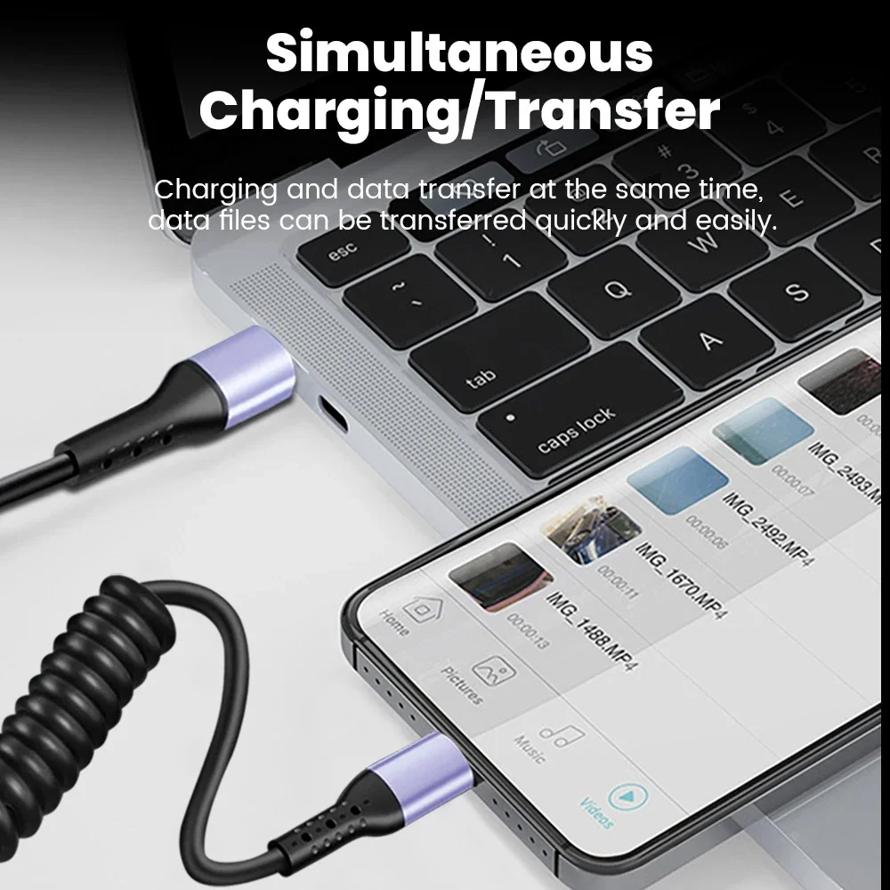 Cable de resorte de coche de 20CM a 1M, Cable de carga rápida corto de 66W, Cable tipo C a tipo C para iPhone 15, Huawei, Xiaomi, Samsung, Cable USB C