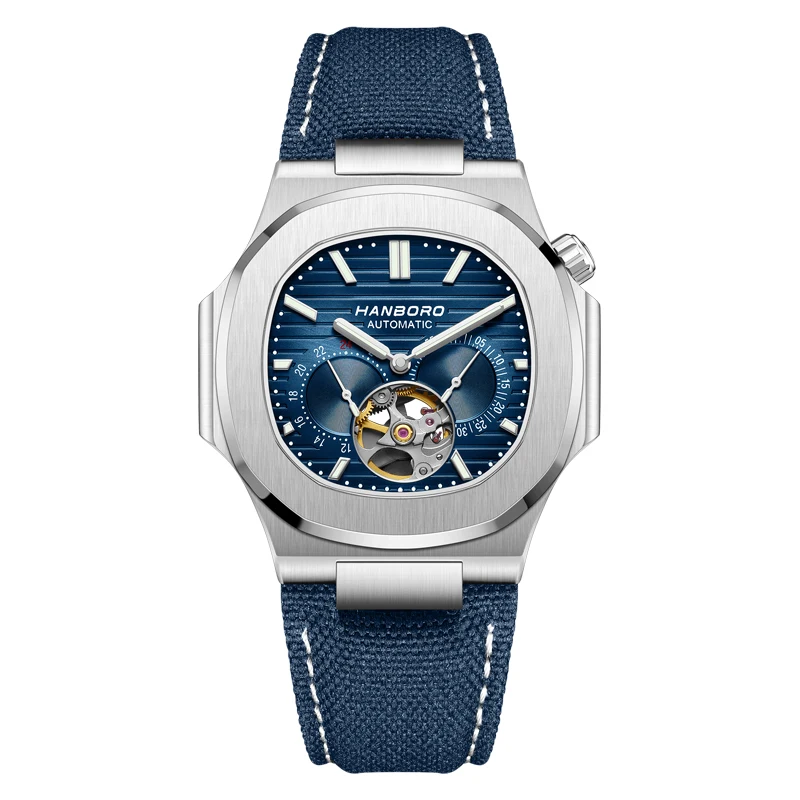 Reloj Mecánico HANBORO para Hombre, Diseño de Corona Creativa, Cuadrado, Color Oro Rosa, Correa de Lona, Movimiento Japonés Personalizado