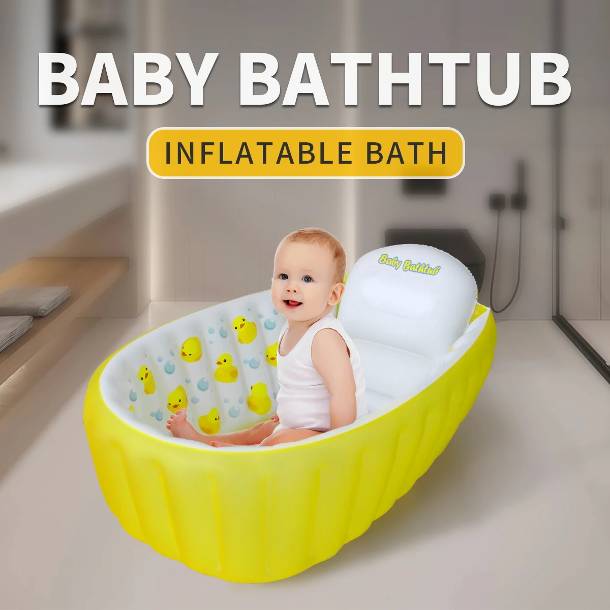 Piscina de bañera inflable para sentarse, bañera portátil antideslizante para bebés y niños de 0 a 6 meses, amarillo