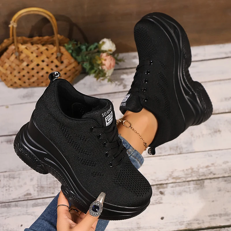 Zapatillas de deporte con cuña de malla transpirable para mujer, zapatos deportivos cómodos con cordones y plataforma gruesa, zapatos antideslizantes de punto para caminar