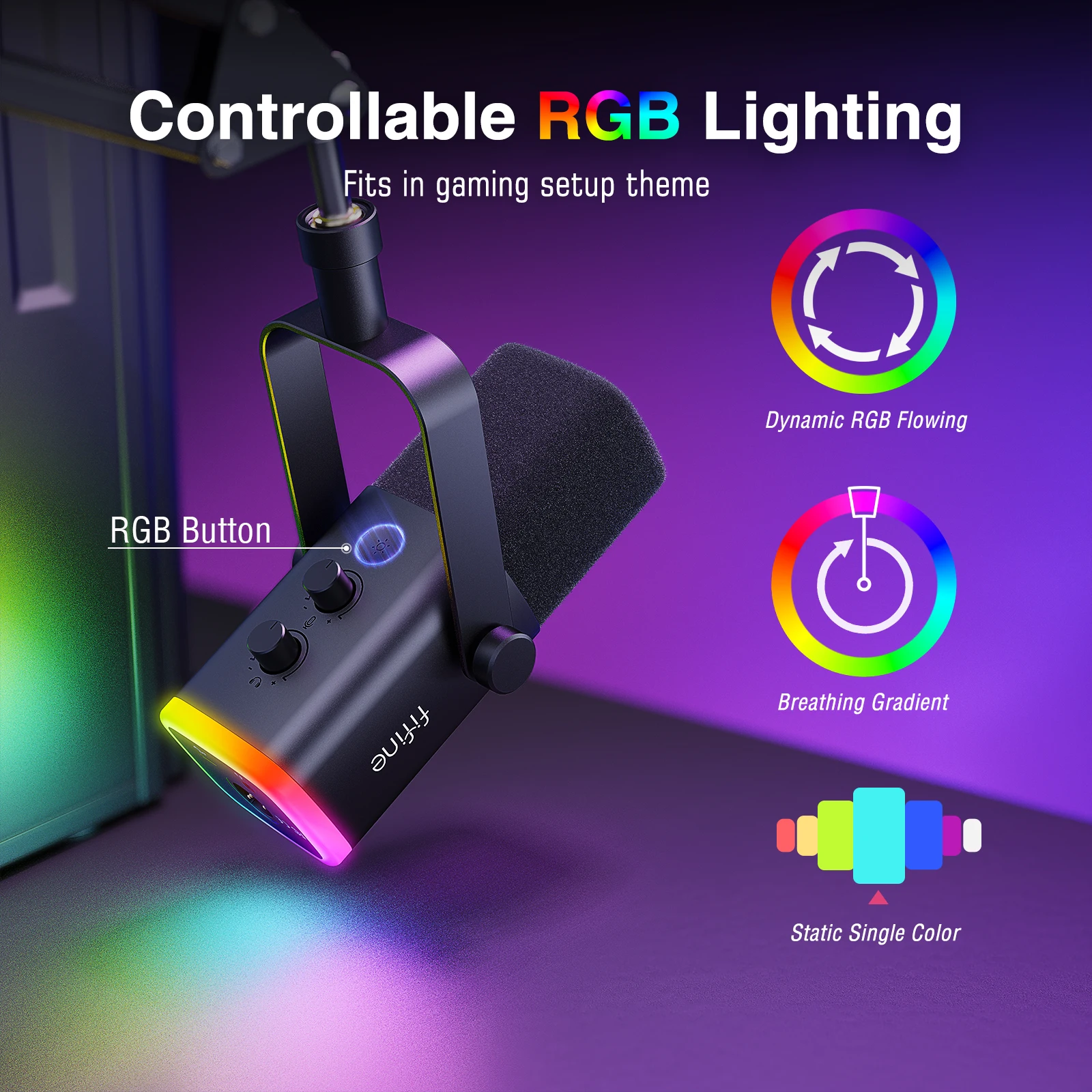 Kit de micrófono para juegos FIFINE XLR/USB con conector para auriculares/silencio/RGB/soporte de brazo, juego de micrófono dinámico para PC PS5/4 mezclador amplificador AM8T