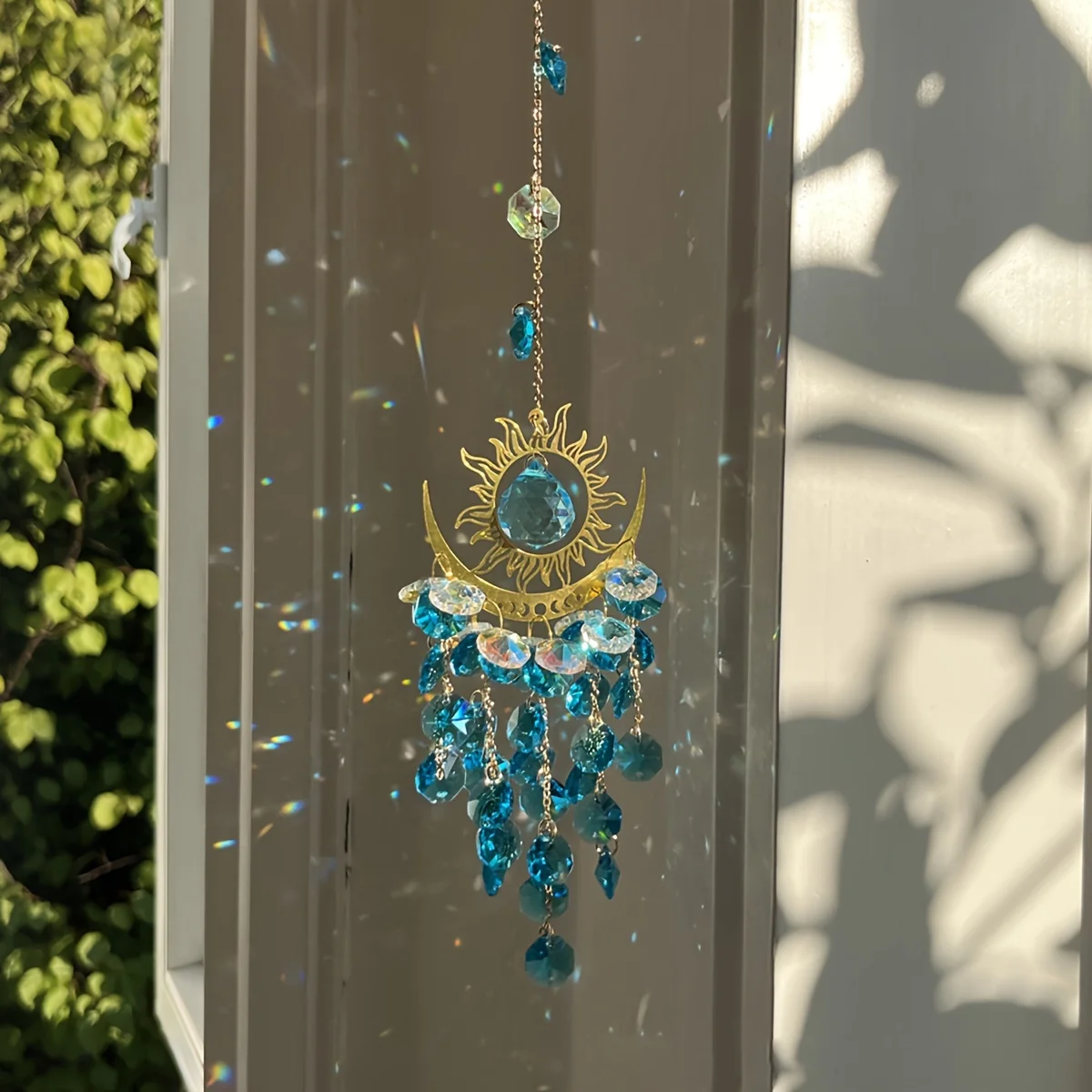 1 pieza de Adornos Luminosos para Jardín, Atrapasoles de Cristal con Diseño de Llama, Luna y Sol, Campanilla de Viento y Adornos Colgantes