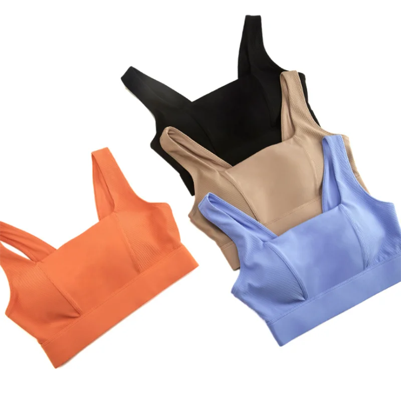 Sujetador de Yoga con cuello cuadrado para mujer, ropa interior deportiva ajustable con espalda Sexy de Color sólido, Top corto transpirable para gimnasio y correr, ropa deportiva