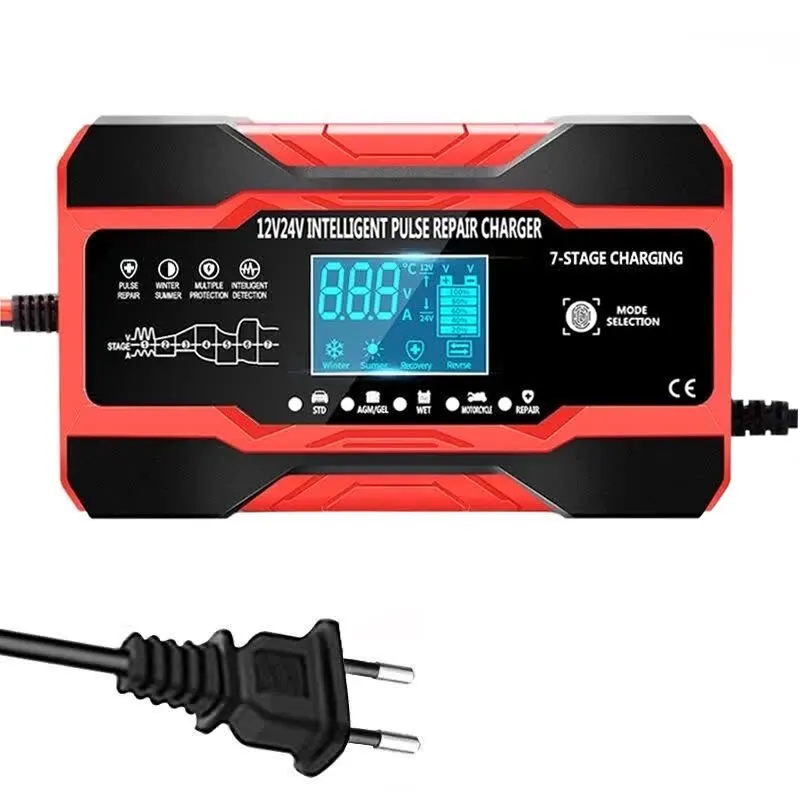 Cargador de batería de coche de 12V-24V, completamente automático, 12V, 10A, cargador de batería de coche Digital, reparación de pulso para AGM GEL, ácido de plomo húmedo