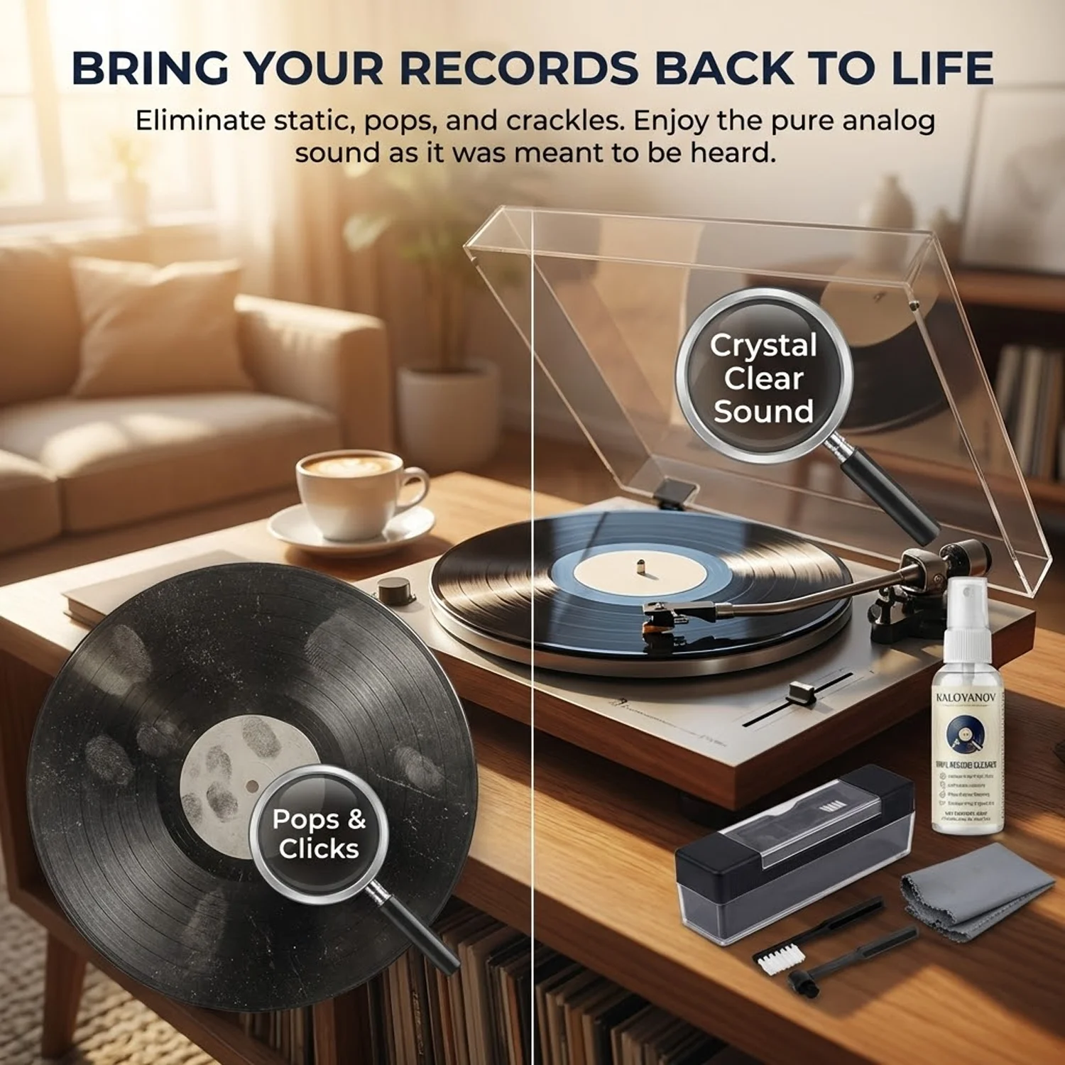 Kit Profesional de Limpieza de Discos de Vinilo con Spray sin Alcohol, Cepillo de Terciopelo y Limpiador de Agujas para el Mantenimiento de Tocadiscos LP