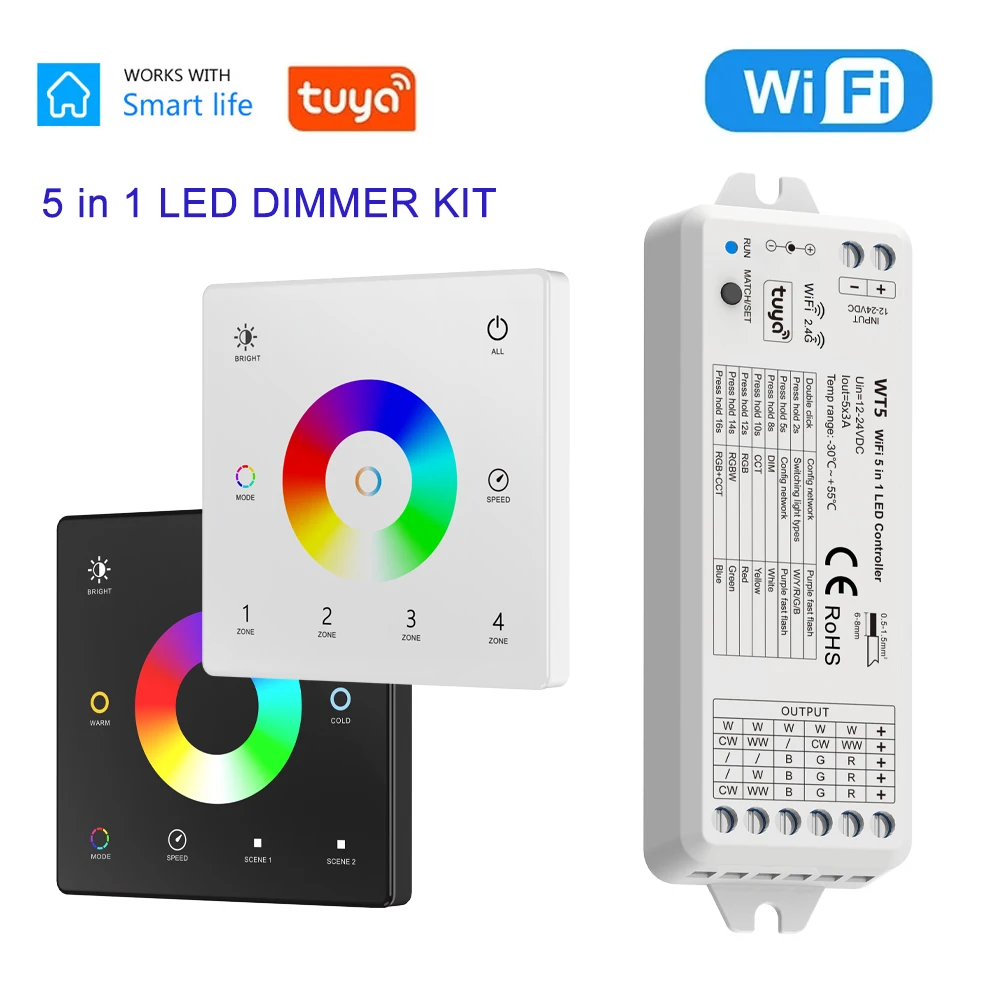 KIT de Controlador LED 5 en 1 con WiFi, Panel táctil de cristal montado en la pared, RF 2,4G, RGBCCT, Control de atenuación inteligente, atenuador 24V DC 12V