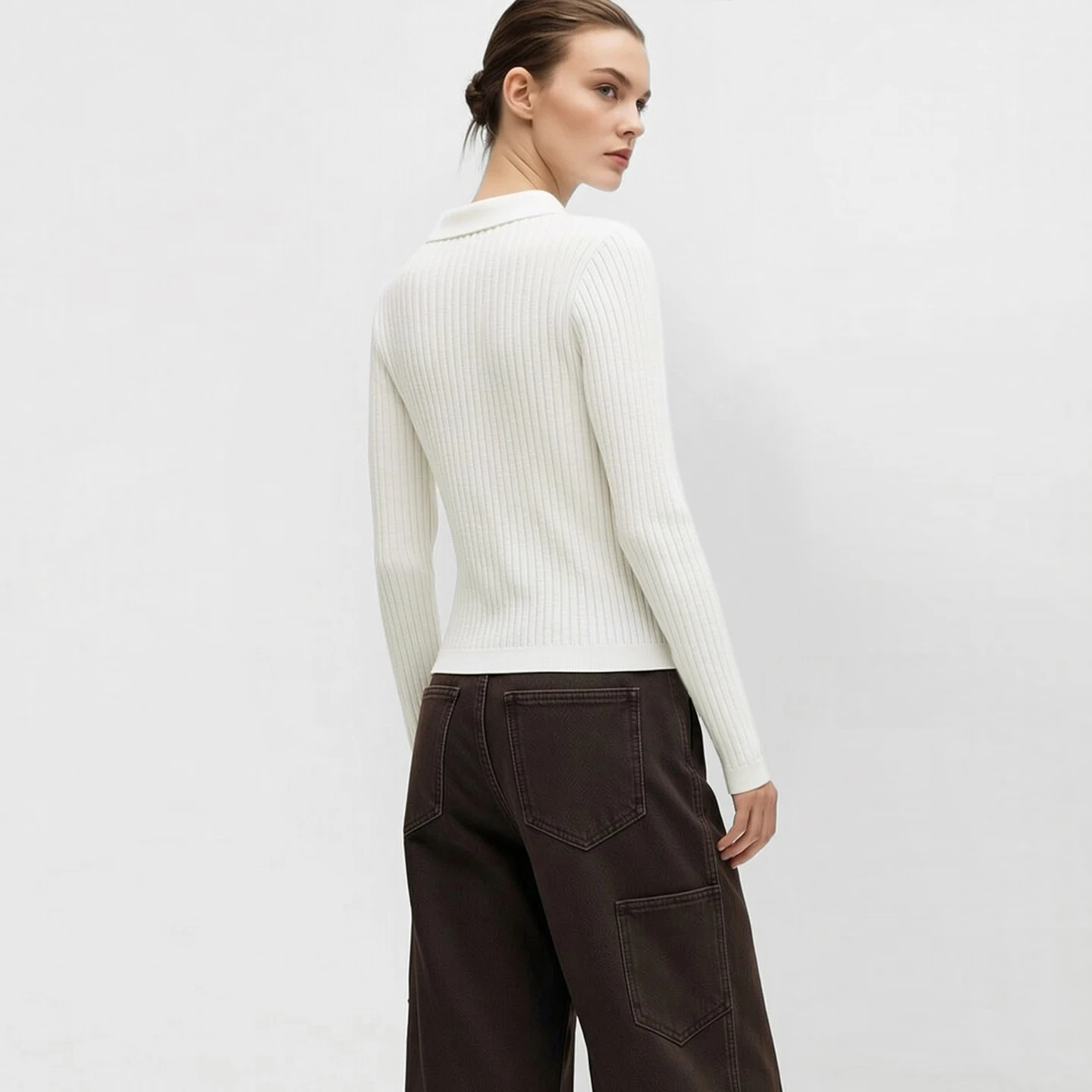 Cárdigan de Punto Amii Casual con Cuello Solapa, Botones Geométricos en Contraste, Rayas Acanaladas, Corto para Mujer, Colección Otoño 2026, 12643086