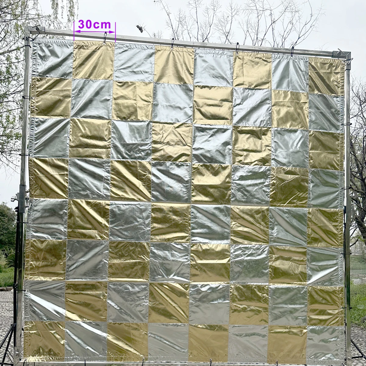 Tablero de ajedrez opcional de 6'x6' / 8'x 8'/10'x10'/ 12'x 12', tela reflectora de hoja plateada/dorada para marco de mariposa superior