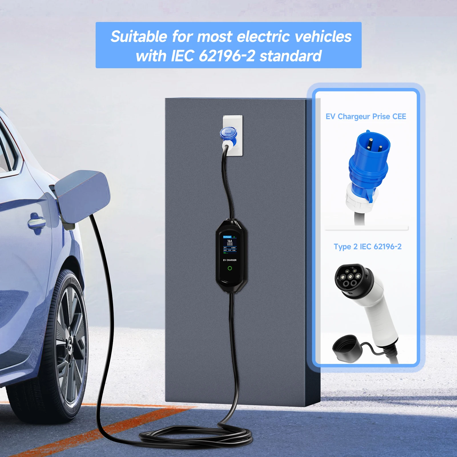 Cargador Portátil para Vehículos Eléctricos AFEEV Tipo 2, 7KW 32A, Monofásico, Wallbox Tipo 1/GBT, Cable de Carga Rápida EVSE, Enchufe CEE, Control por Bluetooth y APP