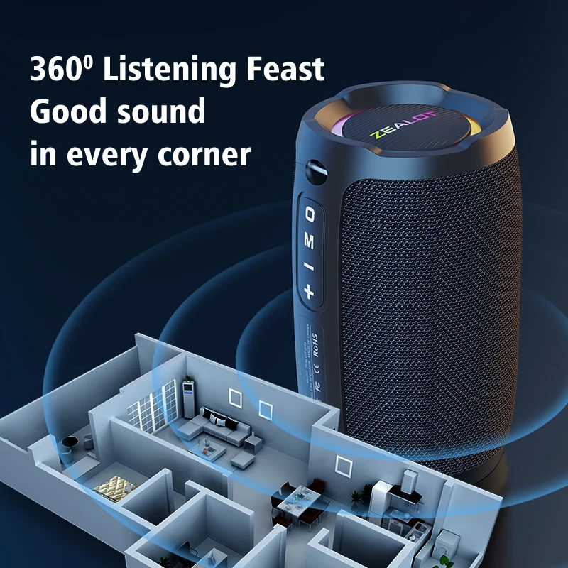 ZEALOT-S49 Altavoz Bluetooth portátil 360 Sonido estéreo 20W IPX6 Altavoz inalámbrico Bluetooth 5,2 impermeable para exteriores